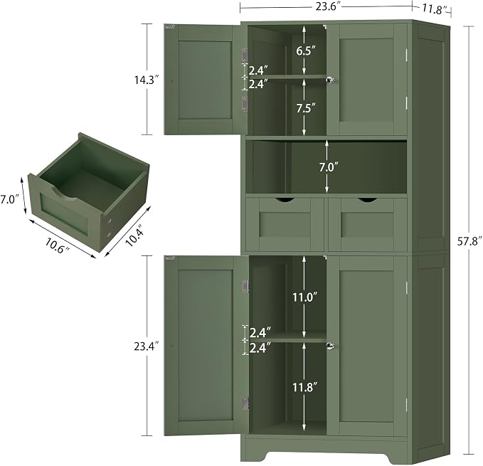Iwell 58" H Tall Bathroom Storage Cabinet with 2 Drawers & 2 Adjustable Shelves, Bathroom Cabinet with 4 Doors, Tall Cabinet for Living Room, Dining Room, Entryway, Forest Green - Image 3