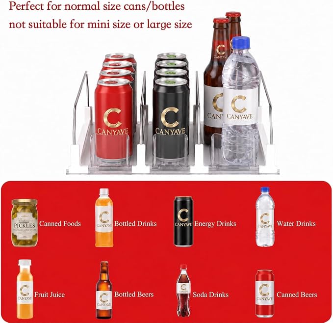 Self-Pushing Beverage Organizer for Fridge – Adjustable Spring Loaded Drink Dispenser & Soda Can Organizer – Clear Glide Rack Fits Cans, Bottles, Slim & Standard Sizes for Kitchen Pantry (3Rows) - Image 4