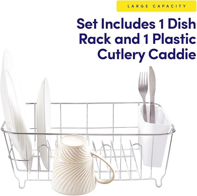 Sweet Home Collection Metal 2 Piece Dish Drying Rack Set Drainer with Utensil Holder Simple Easy to Use Fits in Most Sinks, 14.5" x 13" x 5.25", White - Image 3