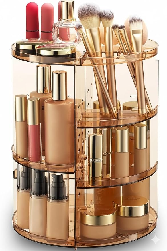 Masirs 360 Rotating Makeup Organizer Countertop, Adjustable Shelf, Brown | 360-Degree Rotating Makeup Organizer, Adjustable Shelf Height, Cosmetic Perfume Skincare Storage, Vanity Countertop, Brown by Masirs