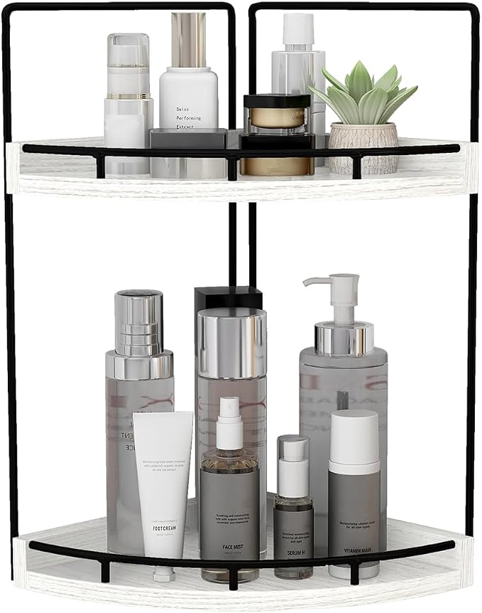 Dorhors 2-Tier Rustic White Corner Bathroom Shelf | 2-Tier Rustic White Rack Holder for Skincare,Perfume,Makeup,Lotion,Wood Sink Tray Stand for Kitchen,Restroom,Dresser by Dorhors