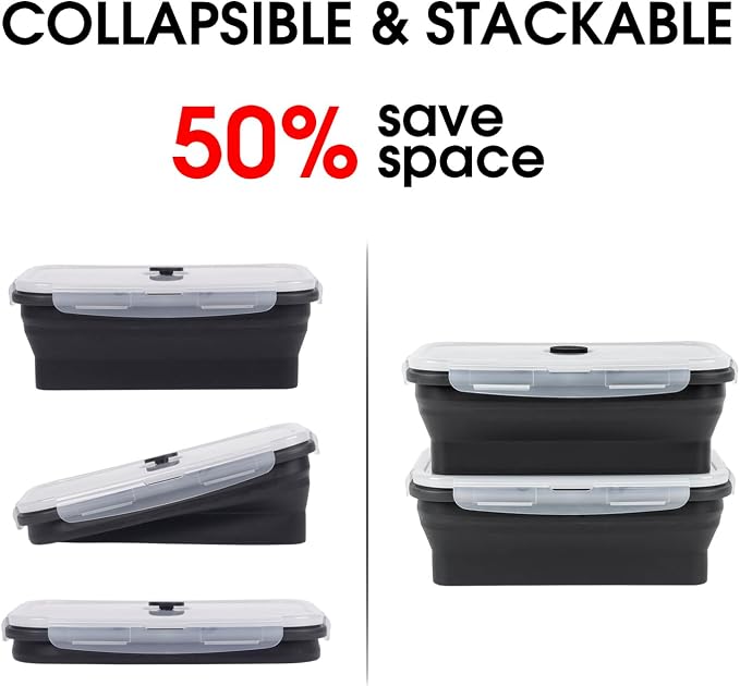 Collapsible Food Storage Containers with Lids, 4 Pack, 40 oz Silicone 1-Compartment Meal Prep Containers Reusable, Lunch Bento Boxes for Adults, Microwave Freezer Dishwasher Safe, BPA-Free, Black - Image 4