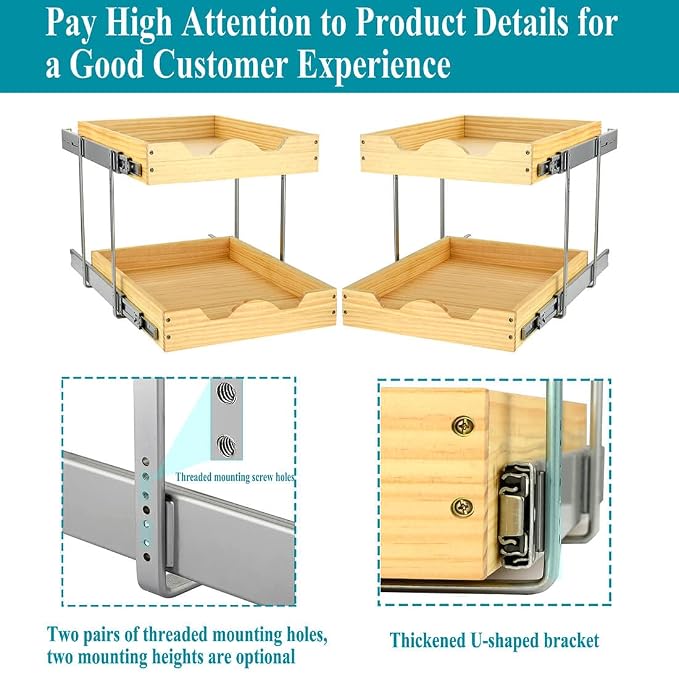 OCG 2 Tier Pull Out Cabinet Organizer (17"W x 21"D), Double Tier Slide out Wood Drawer Shelf, Pull Out Shelves for Base Cabinet Organization in Kitchen, Pantry, Bathroom - Image 3