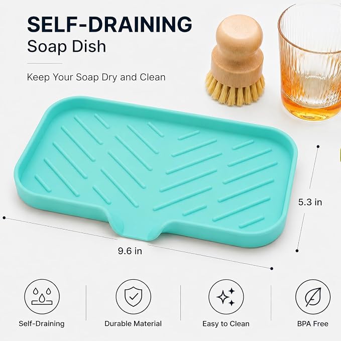 MicoYang Silicone Soap Dish with Drain Spout — Self-Draining Sink Organizer Tray for Bathroom & Kitchen, Sponges, Dispensers & Soap Holder, Non-Slip & Dishwasher Safe, Mint (Medium, 9.6"×5.3") - Image 2