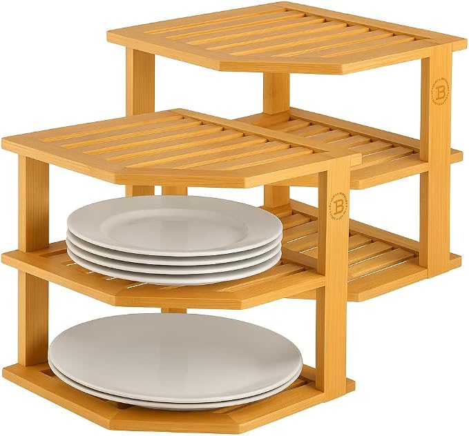 Bamboo Plate Organizer for Cabinet, 3 Tier Corner Shelf Riser, 2 Pack | Holds heavy stacked dishes mugs bowls, non slip feet, tool included easy assembly, kitchen pantry bathroom counter storage by Bamb%C3%BCsi