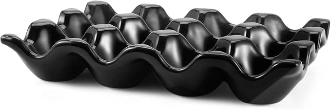 Flexzion 12 Cup Ceramic Egg Tray - Whole Dozen Porcelain Egg Holder Container Storage Organizer Decorative Serving Stand Serveware for Refrigerator Countertop - Image 2