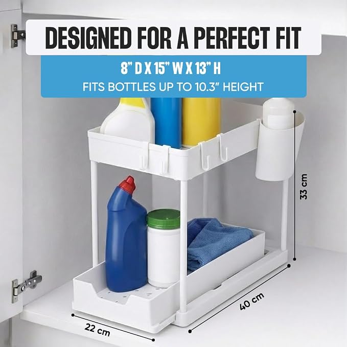 Undersink Organizer, 2-Tier Under Sink Storage Rack with Sliding Drawers for Kitchen Bathroom Cabinets, Pull Out Organizer for Pantry, Laundry Room & Closet Organization - 2 Pack, White - Image 2