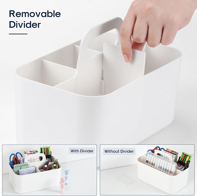 Multiuse Caddy Organizer with Handle, Portable Divided Plastic Tote Bin - Art Craft, Stationary Pen Marker Crayons, Makeup Hair Supplies Storage - Bathroom, Classroom, Dorm, Office, Desk Holder -White - Image 6