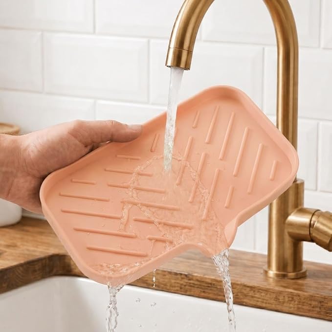 MicoYang Silicone Soap Dish with Drain Spout — Self-Draining Sink Organizer Tray for Bathroom & Kitchen, Sponges, Dispensers & Soap Holder, Non-Slip & Dishwasher Safe, Pink (Medium, 9.6"×5.3") - Image 9