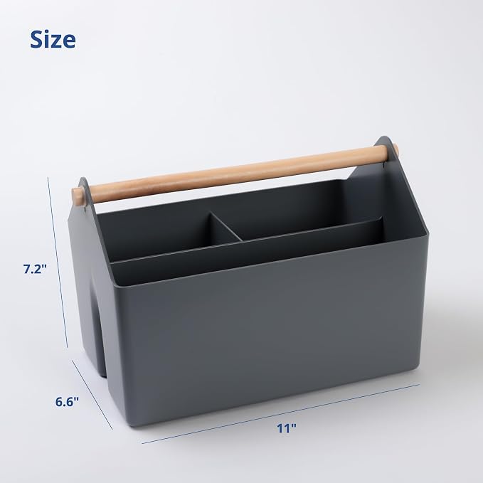 BLUE GINKGO Medium Storage Basket – Plastic Caddy with Wooden Handle for Office, Arts & Crafts, or Home Supplies (Gray) (Pack of 2) - Image 2