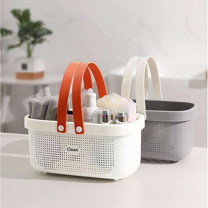JiatuA Plastic Storage Basket with Handle Portable Shower Caddy Tote Organizer Basket Bin for Bathroom Kitchen Dorm Room Bedroom, White | Sturdy Drainage Large Capacity Organizer Basket with Silicone Handles for Bathroom Kitchen Bedroom College Dorm Es... - Image 2