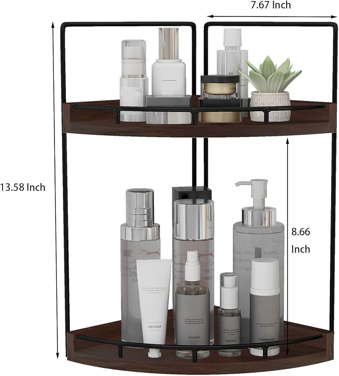Dorhors Corner Bathroom Counter Organizer,Vanity Countertop Storage Shelf | 2-Tier Walnut Rack Holder for Skincare,Perfume,Makeup,Lotion,Wood Sink Tray Stand for Kitchen,Restroom,Dresser - Image 3