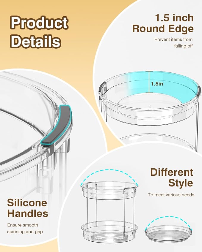 INCOSTAR 3 Pack Clear Lazy Susan Turntable 9'' & 11.8'' for Cabinet | Two-Tier Spinning Organizer, Space-Saving Pantry Storage Rack, Clear Durable Plastic, Makeup & Bathroom - Image 4