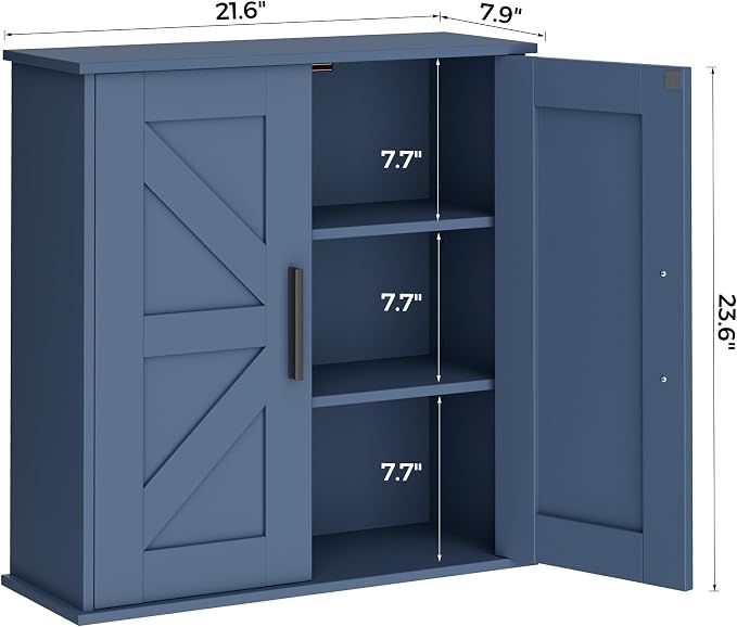 Homleke Bathroom Wall Cabinet, Medicine Cabinet with Adjustable Shelves | 3-Tier Wall Mounted Over Toilet Storage with Barn Doors, for Bathroom, Kitchen, Entryway, Laundry Room, Blue, (7.9" D) - Image 3