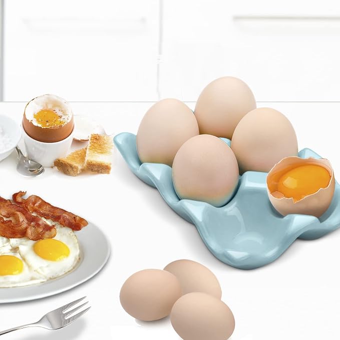 Flexzion Porcelain Egg Crate - 6-Egg Capacity Ceramic Egg Tray, Half Dozen Egg Holder for Fridge, Countertop Display - Blue Decorative Serving Dish and Storage Organizer, 2 Pack - Image 3