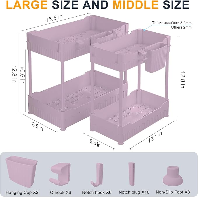 2-Pack Under Sink Organizer with Hooks & Hanging Cup for Kitchen | Multi-use kitchen & bathroom storage, 12.8 inch pink cabinet organizer, with hooks and hanging cup for easy access. - Image 5