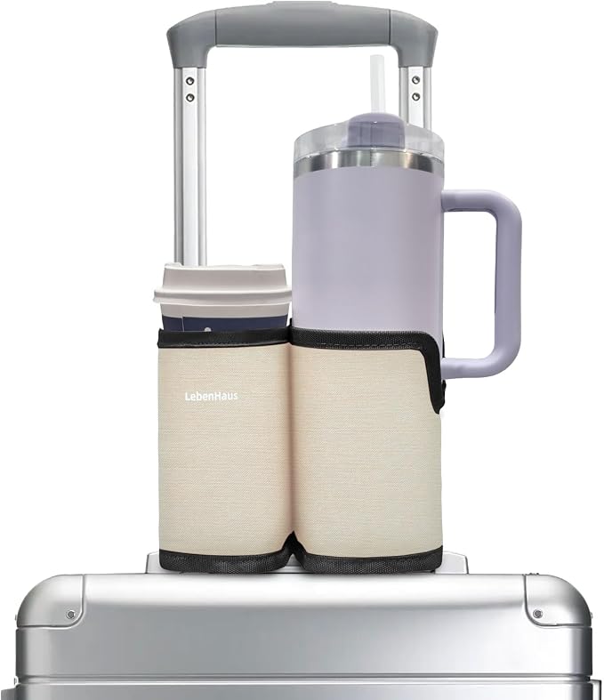 2 in 1 Luggage Cup Holder for Suitcase Airplane Drink Carrier Off-White | Airplane cup holder|Portable|for stanley cup|Hands Free|Coffee Beverage Organizer Gifts for Travelers by LebenHaus