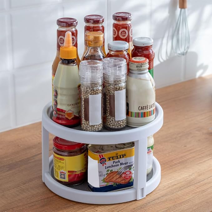 2 Tier Non Skid Spice Rack Turntable, 10 Inch Spinning Organizer, Non Skid Lazy Susan Turntable, 360° Rotating Seasoning Organizer for Kitchen, Pantry Cabinet, Refrigerator, Bathroom, Gray & White - Image 3