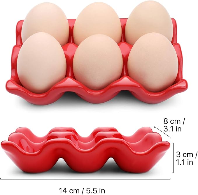 Flexzion Ceramic Egg Tray - 6 Egg Capacity Half Dozen Holder, Red Decorative Serving Dish and Storage Organizer, 2 Pack - Image 7