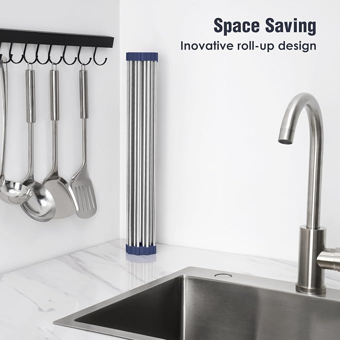 Tomorotec Roll Up Dish Drying Rack Over Sink, 304 Steel, 17.7x15.5, Indigo | Anti-Slip Silicone Rims For Grip, Heat-Resistant Trivet Mat Holding Heavy Cookware, Rustproof Kitchen Counter Space Saver - Image 3