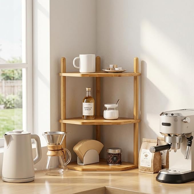 2Pc 3-Tier Bamboo Corner Shelf,Kitchen Countertop Organizer,Corner Countertop Organizer Shelf, Coffee Bar Organizer,Coffee Bar Accessories,for Kitchen, Pantry, Organizers and Storage - Image 2