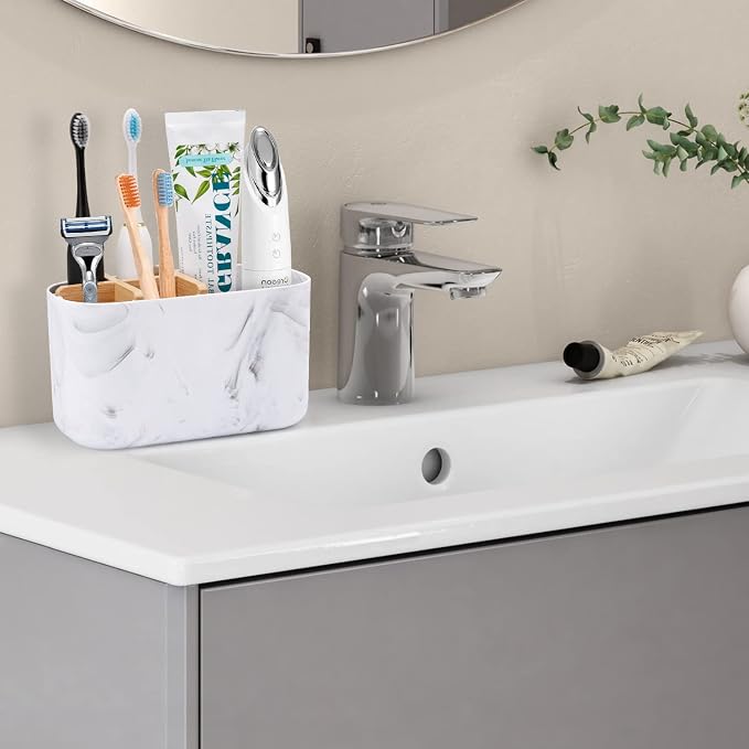 GFWARE Toothbrush Holders for Bathrooms, 5 Slots Bamboo Toothbrush Holder Kids Electric Toothbrush Holder and Toothpaste Holder for Bathroom Countertop Accessories Storage, Marble Toothbrush Organizer | 5 Slots Kids Electric Toothbrush and Toothpaste H... - Image 2