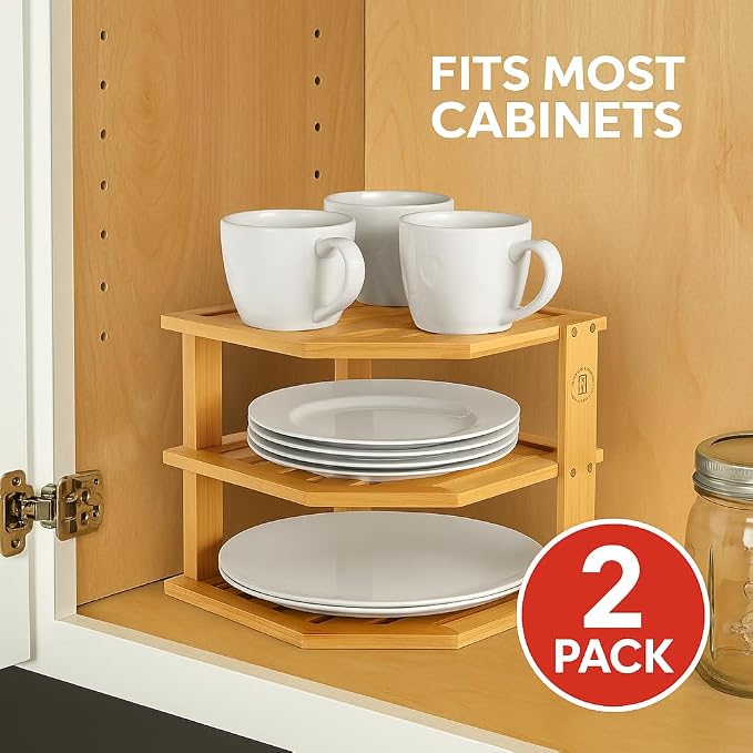 Bamboo Plate Organizer for Cabinet, 3 Tier Corner Shelf Riser, 2 Pack | Holds heavy stacked dishes mugs bowls, non slip feet, tool included easy assembly, kitchen pantry bathroom counter storage - Image 4