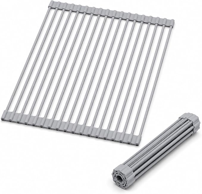 Roll Up Dish Drying Rack for Kitchen Sink, Silicone Wrapped Dish Drainer,Flodable Over Sink Drying Rack,Heat Resistant, Drain Mats, Space Saving, Multipurpose (Gray, Small) by GIFTKING