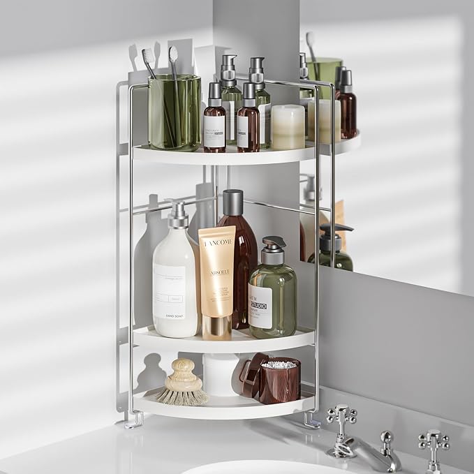 3-Tier Corner Shelf Bathroom Counter Organizer, White | Multi-Space Storage Tray, Holds Spices, Cosmetics, Lotion, Space-Saving for Sink, Vanity and Kitchen - Image 4