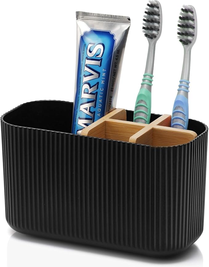GFWARE Black Toothbrush Holder, 5 Slots Bathroom Organizers and Storage | Bamboo Toothbrush Holder, Kids Electric Toothbrush Holder and Toothpaste Storage for Bathroom Sink Organizer by GFWARE