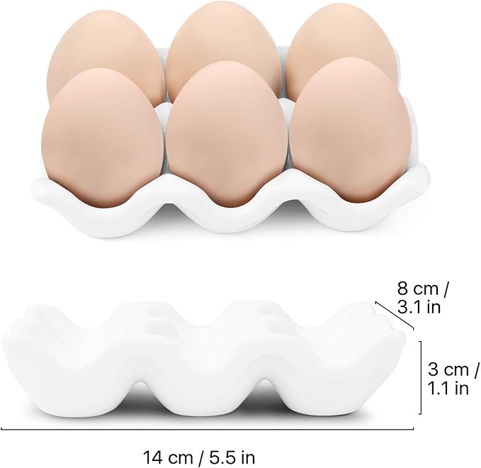 Flexzion Ceramic Egg Holder for Fridge - 6 Cups Egg Tray Half Dozen Porcelain Container Keeper Storage Organizer Decorative Serving Dish Serveware for Refrigerator Countertop Display Kitchen (White) - Image 7