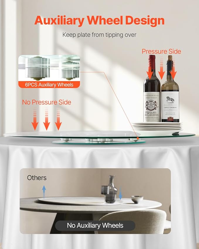 VEVOR 30 in Glass Lazy Susan Turntable, Tempered Glass Dining Table Centerpiece with 6 Rotating Wheels, 360° Smooth and Silent Spin Tabletop Rotating Tray, for Family Gatherings, Banquets & Weddings - Image 5