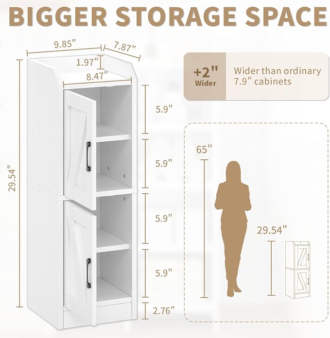 Narrow Bathroom Storage Cabinet with 2 Doors and Shelves, 9.8" W Small Storage Cabinet for Toilet Paper Storage, Slim Cabinet for Small Spaces, Bathroom, Kitchen, 9.8" W × 7.9" D × 29.5" H, White - Image 2