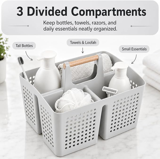 Portable Shower Caddy Basket with 3 Compartments and Handle, Light Gray | Plastic Divided Storage Caddy for Bathrooms, Apartments, Guest Rooms, Offices, Crafts and Under-Sink Organization - Image 3