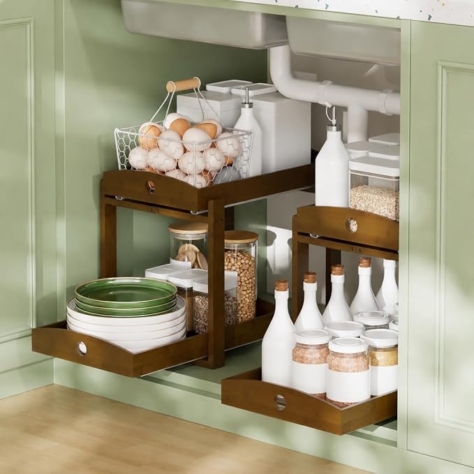 Bamboo Under Sink Organizer 2 Tier Pull Out Cabinet Storage Drawer - Image 2