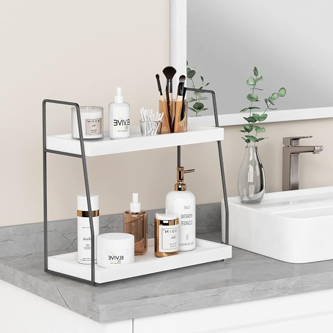 Forbena 2 Tier Bathroom Counter Organizer, White and Grey Coffee Bar Organizer for Countertop, Wood Shelf Tray for Vanity Makeup Storage, Small Kitchen Sink Top Organizers for Coffee Bar Station - Image 4