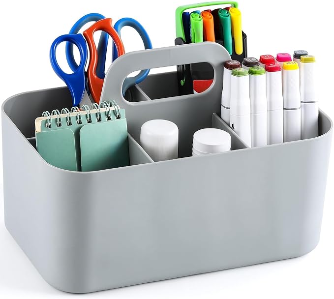 Multiuse Caddy Organizer with Handle, Portable Divided Plastic Tote Bin - Art Craft, Stationary Pen Marker Crayons, Makeup Hair Supplies Storage - Bathroom, Classroom, Dorm, Office, Desk Holder - Grey - Image 9