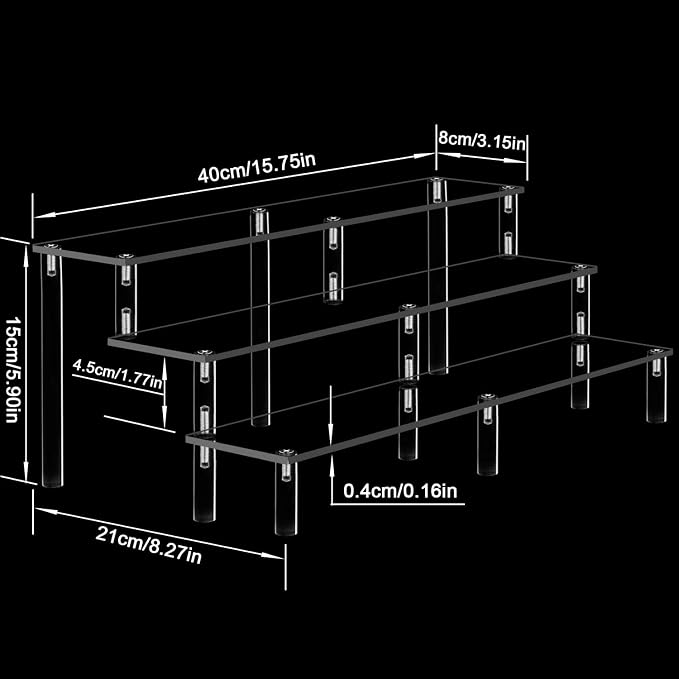 Acrylic Riser Display Shelf, 3 Tier Acrylic Shelves for Figures, 15.8 Inch | Large Clear Perfume Organizer, Display Stand for Funko Pop Amiibo Figures, Shelf Risers for Cupcake and Collectibles, 2 Pack - Image 3