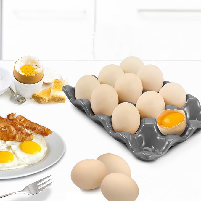 Flexzion 12 Cups Ceramic Egg Holder for Fridge - Dozen Ceramic Egg Tray Porcelain Container Storage Organizer Decorative Serving Stand Serveware for Refrigerator Countertop Display (Gray) - Image 3