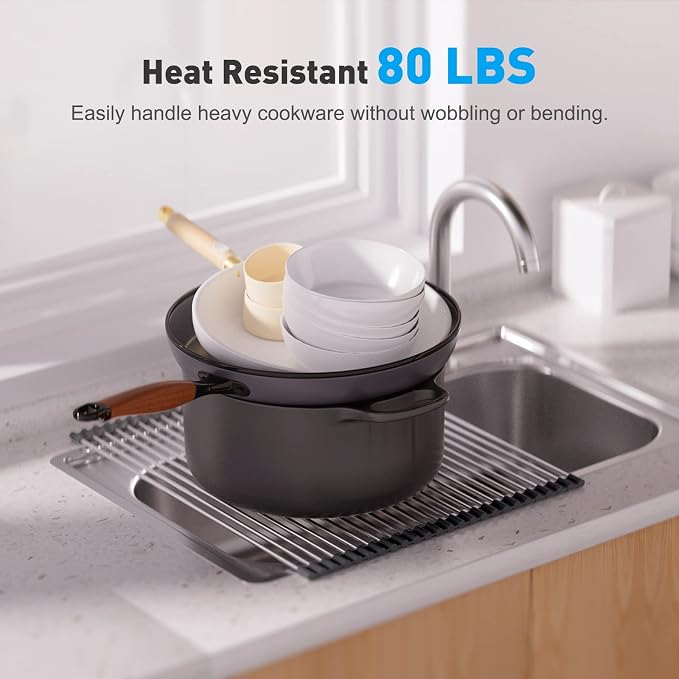 Roll Up Dish Drying Rack Over The Sink, Dish Drying Rack for Kitchen Counter, Multipurpose Stainless Steel Foldable Kitchen Drainer Rack with Silicone Mat, Anti-Slip,(Black, 20.8"x18.1") - Image 4