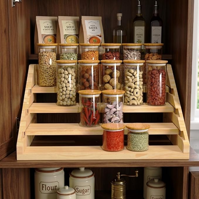 Solid Wood Spice Rack Organizer for Countertop & Cabinet, 4 Tier Adjustable Wooden Spice Shelf with Sliding Track, Premium Step Seasoning Bottle Holder for Kitchen, Pantry, Office, Natural Wood Color - Image 4