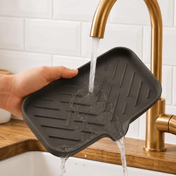MicoYang Silicone Soap Dish with Drain Spout — Self-Draining Sink Organizer Tray for Bathroom & Kitchen, Sponges, Dispensers & Soap Holder, Non-Slip & Dishwasher Safe, Coffee (Medium, 9.6"×5.3") - Image 9