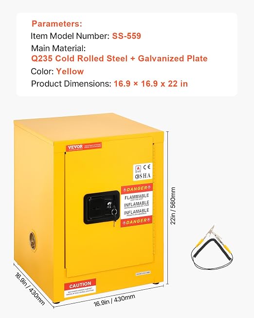 VEVOR Flammable Cabinet 17" x 17" x 22", 12 GalCold-Rolled Steel Flammable Liquid Storage Cabinet, Explosion Proof with 1 Adjustable Shelf 1 Door for Commercial Industrial Use, Yellow - Image 3