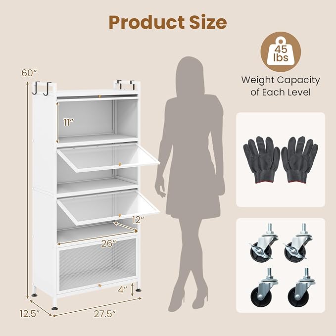 GIANTEX 5-Tier Kitchen Storage Cabinet, 4 PC Doors, Rolling Wheels (White) | Mobile Metal Pantry Cabinet with 4 Hooks & Adjustable Feet, Baker's Rack Microwave Stand for Dining & Living Room - Image 3