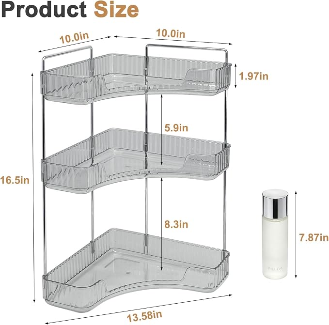 Corner Bathroom Counter Organizer, Vanity Organizer - Countertop Corner Shelf for Makeup Storage,Spice Racks for Kitchen Corner (Gray, 3-Tier) - Image 2