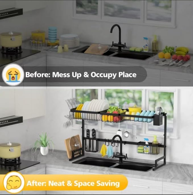 Over The Sink Dish Drainer Drying Rack,Stainless Steel Dish Dyring Rack Above Sink with Adjustable Height,Kitchen Counter Storage Shelf for Organizer Cookware,Cups,Cutting Board (33.4‘’-41.3‘’) - Image 2