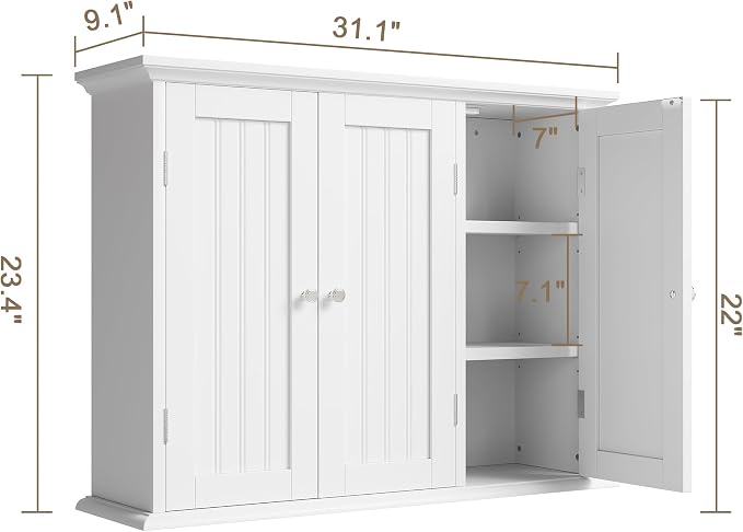 ChooChoo Laundry Cabinet with 3 Doors and Adjustable Shelves | 9.06"D x 31.1"W x 24"H, Bathroom Wall Cabinet, Cupboard, White - Image 3