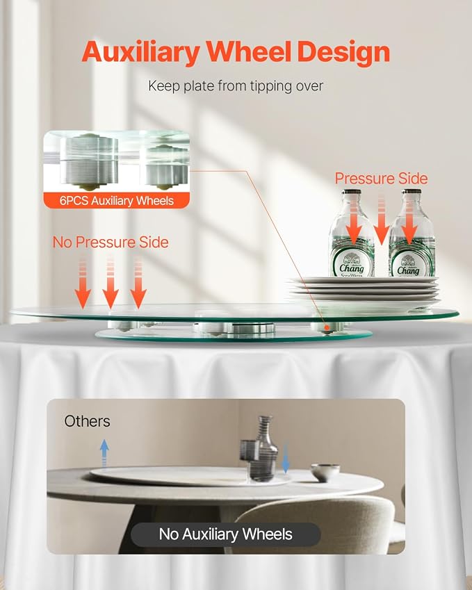 VEVOR 24 in Glass Lazy Susan Turntable, Tempered Glass Dining Table Centerpiece with 6 Rotating Wheels, 360° Smooth and Silent Spin Tabletop Rotating Tray, for Family Gatherings, Banquets & Weddings - Image 5
