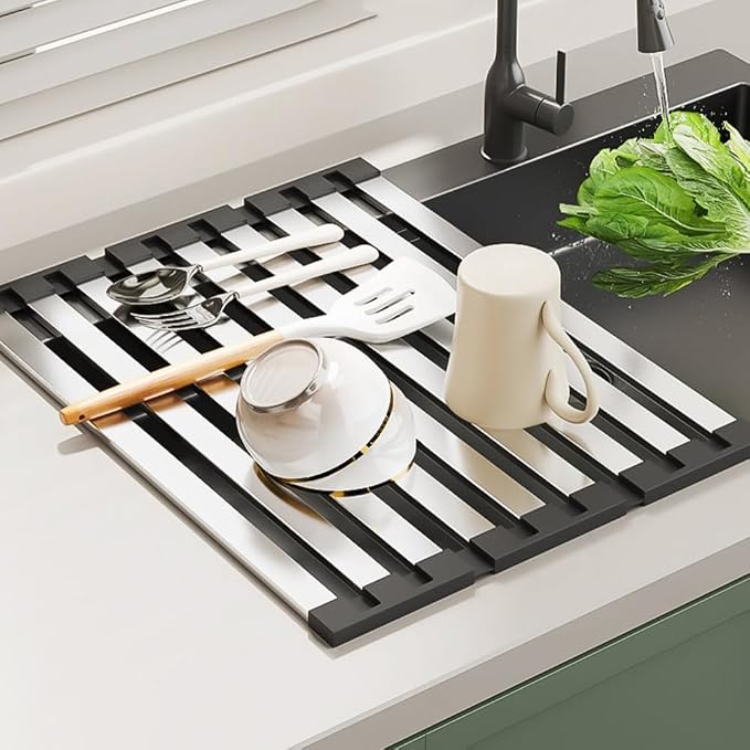 Stainless Steel Roll up Dish Drying Rack, Over Sink Foldable Kitchen Mat, 45cm x 32.5cm Rollable Sink Drainer, Space-Saving Design - Image 4