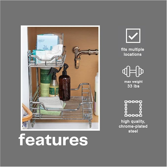 Household Essentials Glidez 2‑Tier Multipurpose Chrome‑Plated Steel Pull‑Out/Slide‑Out Under Sink Organizer, Chrome Finish - Image 8